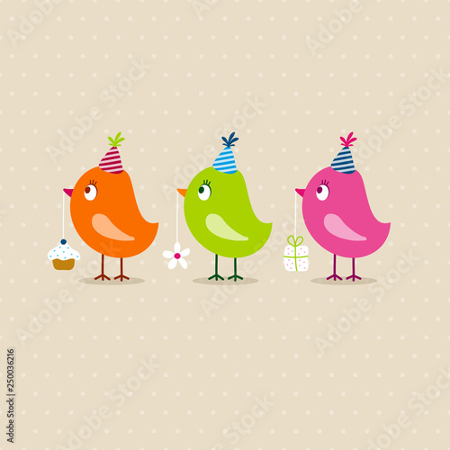 3 Vögel Geburtstag Orange/Grün/Pink Punkte Beige