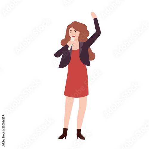 Happy smiling woman singer, rock or pop vocalist wearing dress and singing in...