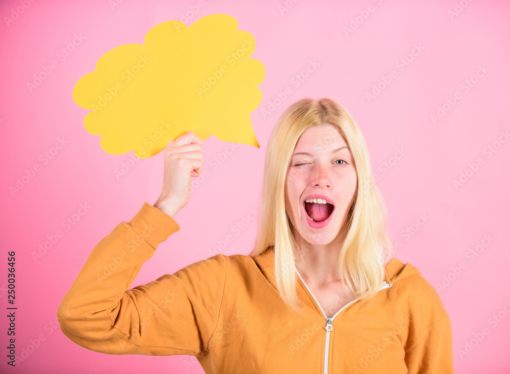 Idea and inspiration. Idea and brainstorming concept. Girl cute blonde with speech bubble. What is on her mind. Create idea. Thoughts of cheerful adorable woman. Ideas and thoughts copy space Idea and inspiration. Idea and brainstorming concept. Girl cute blonde with speech bubble. What is on her mind. Create idea. Thoughts of cheerful adorable woman. Ideas and thoughts copy space