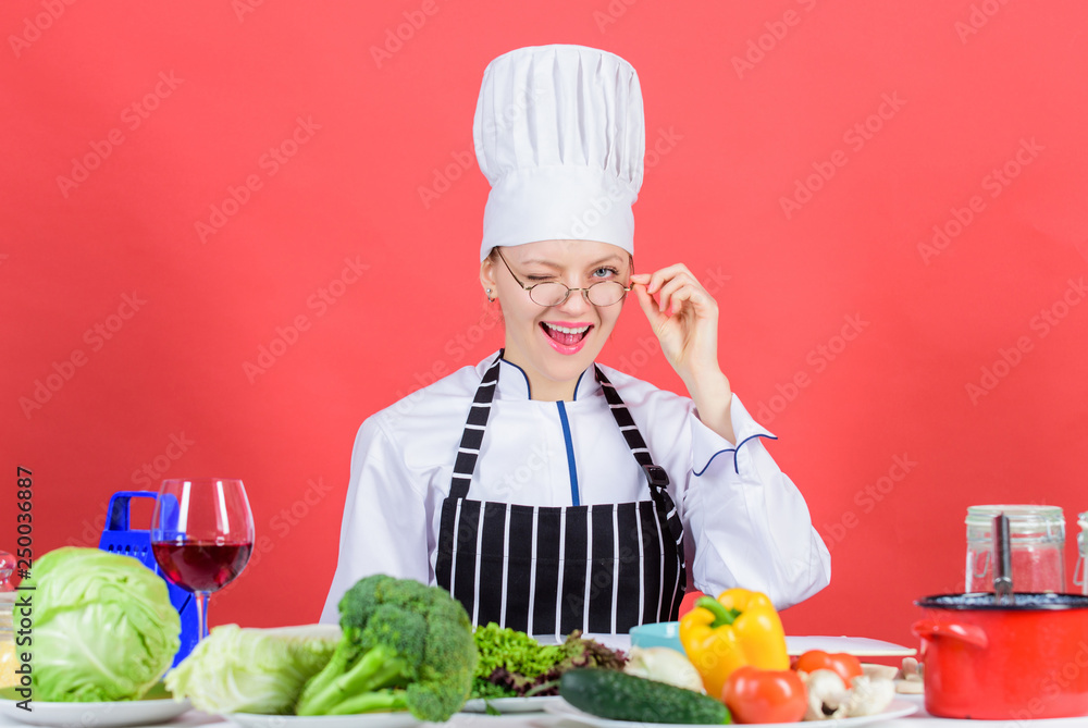Culinary expert. Woman chef cooking healthy food. Culinary school concept. Female in apron knows everything about culinary art. Culinary education. Fresh vegetables ingredients for cooking meal Culinary expert. Woman chef cooking healthy food. Culinary school concept. Female in apron knows everything about culinary art. Culinary education. Fresh vegetables ingredients for cooking meal