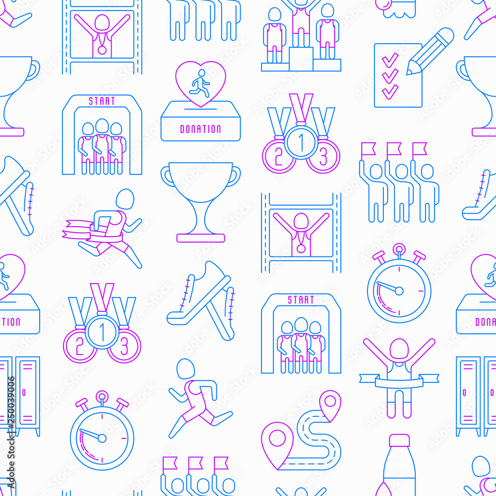 Marathon seamless pattern with thin line icons: runner, start, finish, running shoes, bottle of water, route, award, changing room, memory photo, donation, fan zone. Vector illustration. Marathon seamless pattern with thin line icons: runner, start, finish, running shoes, bottle of water, route, award, changing room, memory photo, donation, fan zone. Vector illustration.