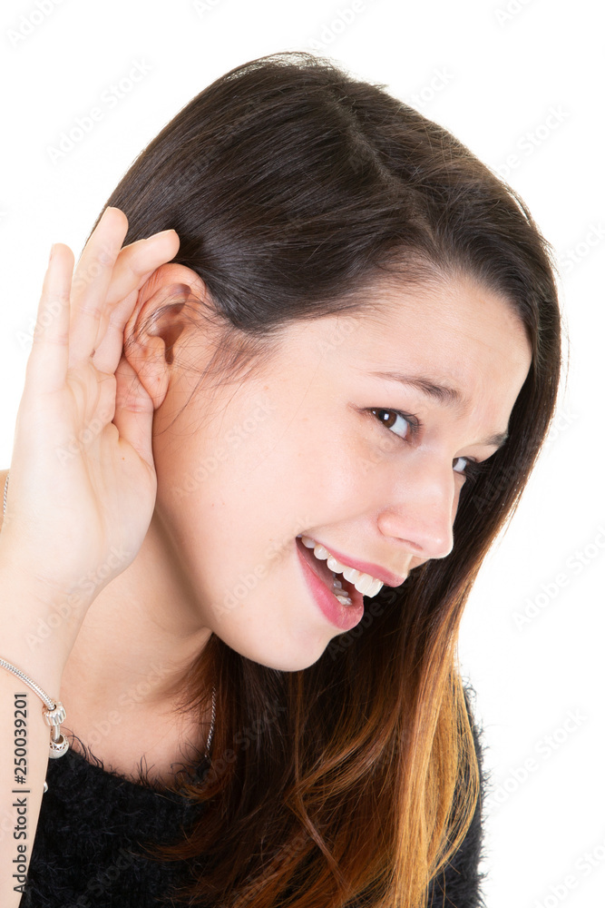 Woman with hearing loss hard of hearing in white background Woman with hearing loss hard of hearing in white background
