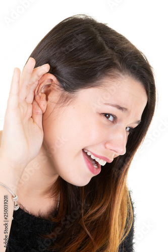 Woman with hearing loss hard of hearing in white background