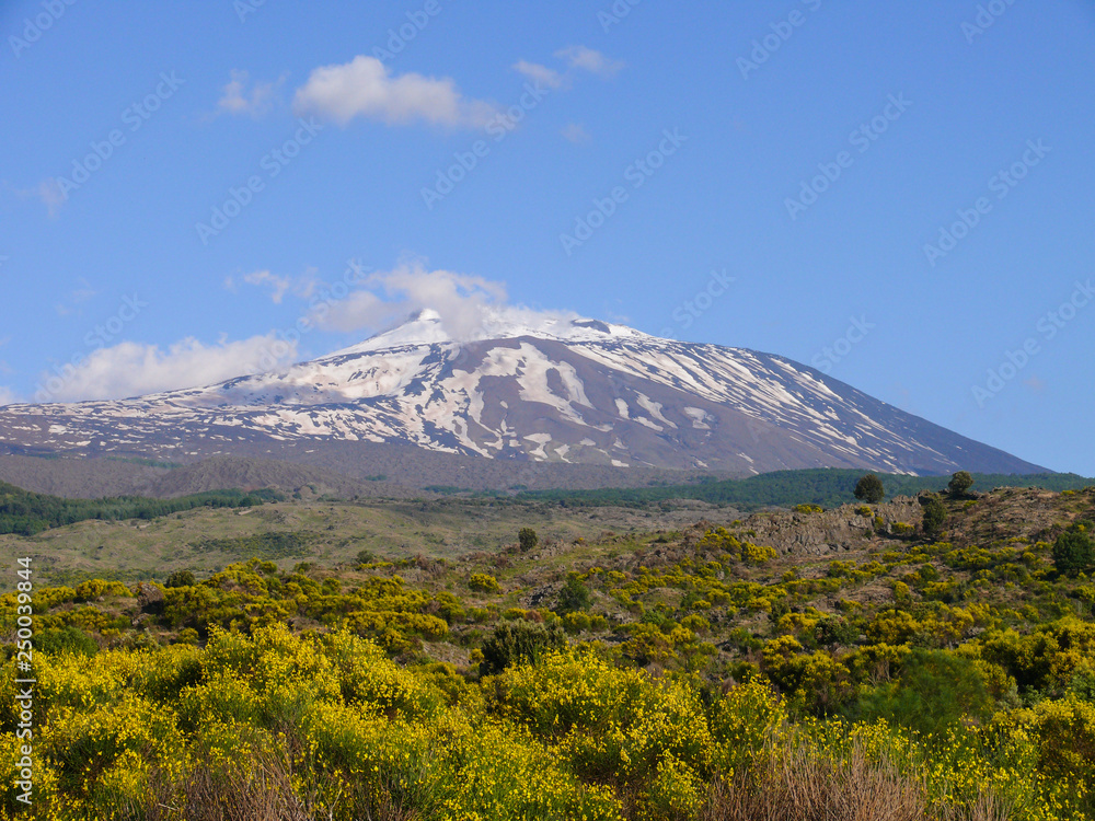 The summit of Mount Etna, beautiful view to volcano Etna in sunny spring day