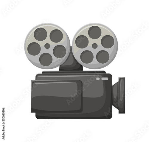 Camera for making movies vector, isolated icon of camcorder with bobbins. Cinematography, filming industry television cinematic equipments technology