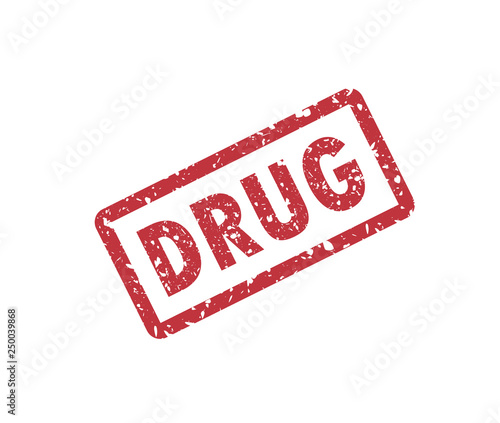 DRUGS stamp seal print with distress style. Seal shape is a rounded rectangle with frame. Blue vector rubber print of DRUGS tag with dust style.