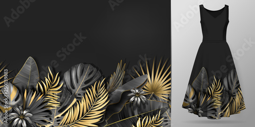 Hand drawn realistic branches and leaves of tropical plants. Vivid line horizontal leaves pattern. Gold black seamless border on dress mockup.