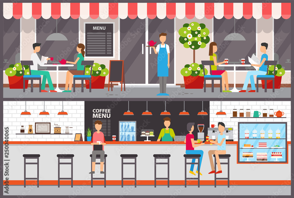 Waiter and barista, visitors in cafe or bar drinking tea or coffee, desserts in showcase vector. Interior and exterior, facade and tables, food and drinks