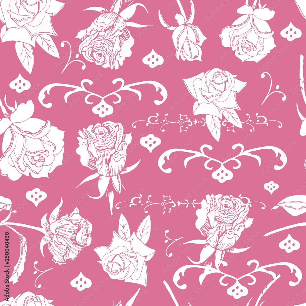 Seamless pattern  with white rose flowers  with leaves and twirls  on pink background. Hand drawn  sketch.