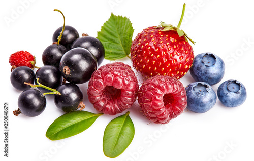 Set fresh berry. Mix summery fruit raspberry strawberry currant blueberry and wild strawberry with green leaf still life, isolated on white background.