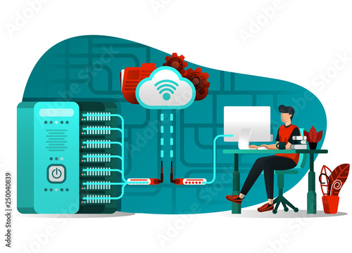 vector illustration of internet technology 4.0, file sharing, storage security, server, data processing. people uploading big data file to central server computer with wifi. flat cartoon character