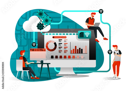 vector illustration of file storage technology, sharing, remote worker, network industry 4.0. people sharing work file. cloud improvement to transfer is effective and faster. flat cartoon character