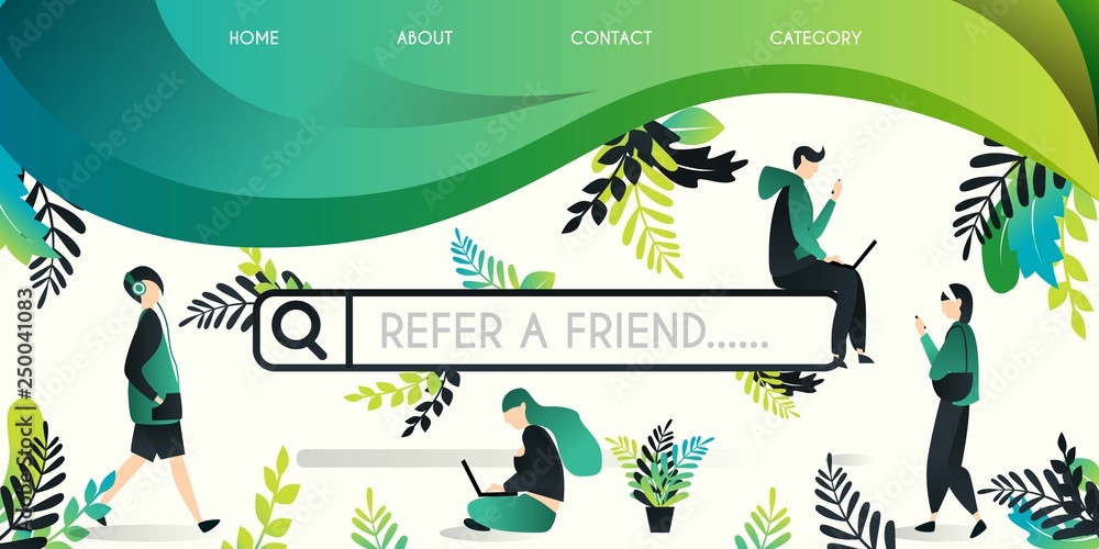 Obraz premium Refer a friend vector illustration concept, group of people who move around the search engine with refer a friend word , can use for, landing page, template, ui, web