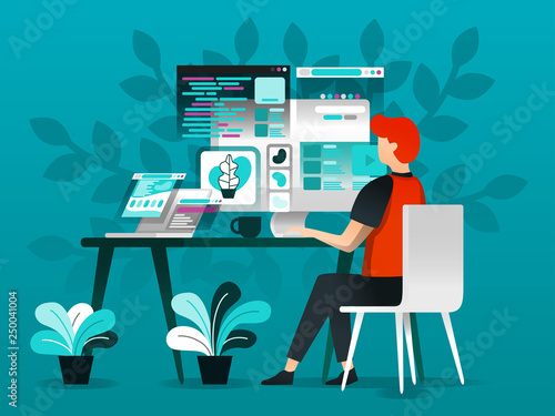 Vector illustration technology and design concept, worker designing and programming on PC, in flat cartoon style. metaphor for internet, remote, unlimited creativity, and the creative industry