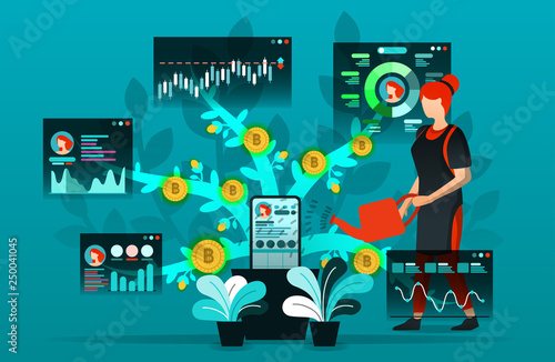 Vector illustration, flat cartoon character, about technology, finance ,social media ,screen display from bars, line, pie chart. girl who watered a social network account to get profits and bitcoin