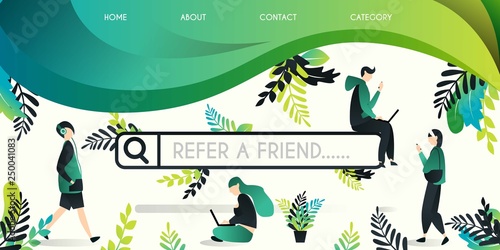 Refer a friend vector illustration concept  group of people who move around the search engine with refer a friend word   can use for  landing page  template  ui  web