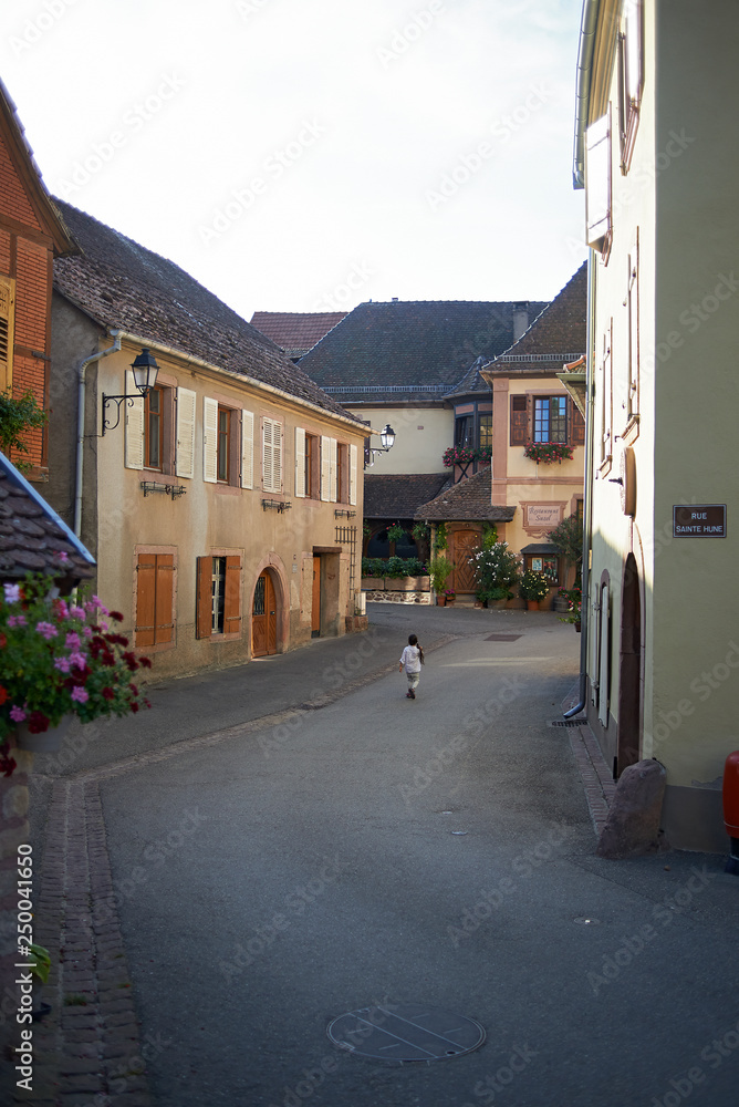 Architecture of buildings in a village in rural French town in the Alsace area in summer sunshine