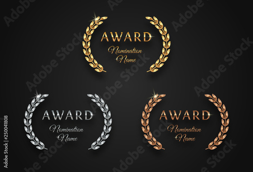 Award sign with laurel wreath - golden, silver and bronze variants, isolated on black background. Award sign vector set.