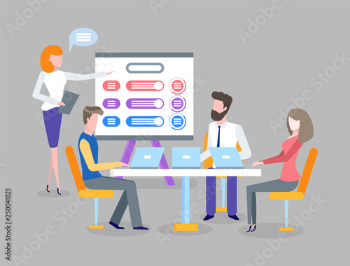 Teamwork, meeting and business plan discussion vector. Woman showing presentation and workers at laptops, cooperation and meeting, strategy development