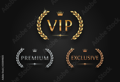 VIP, premium and exclusive sign with laurel wreath - golden, silver and bronze variants, isolated on black background. Luxury sign vector set. photo