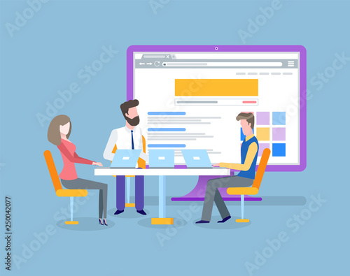 People working together on solving problem vector. Business meeting, conference with laptop showing opened website design. Monitor of computer with data
