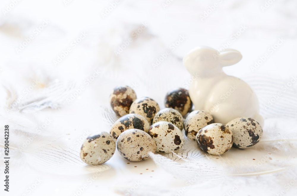 Happy Easter Day. Easter bunny, quail eggs and feathering. Happy Easter Day. Easter bunny, quail eggs and feathering.