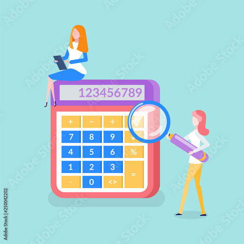 People working on results calculation vector. Calculator with lady holding clipboard and planning, lady with magnifying glass looking closely on data