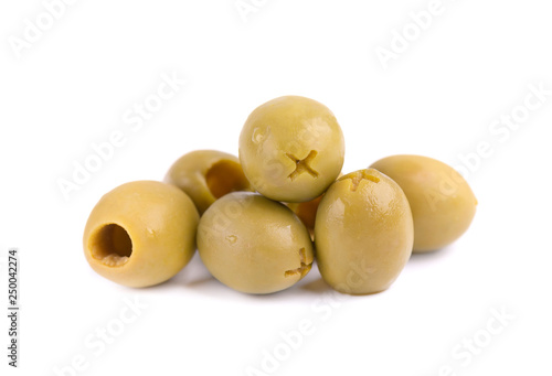 Pitted and marinated green olives, isolated on white background.