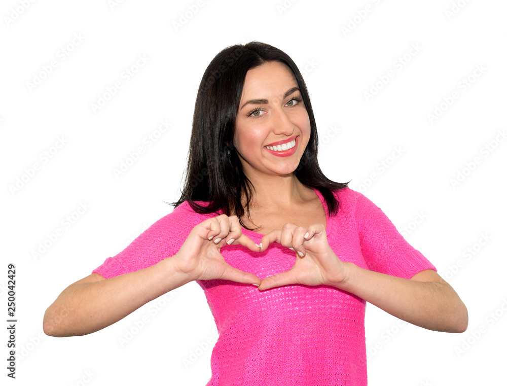 portrait of smiling happy young brunette woman making heart sign, symbol with hands. Isolated on white wall background. Positive human emotion expression feeling life body language portrait of smiling happy young brunette woman making heart sign, symbol with hands. Isolated on white wall background. Positive human emotion expression feeling life body language