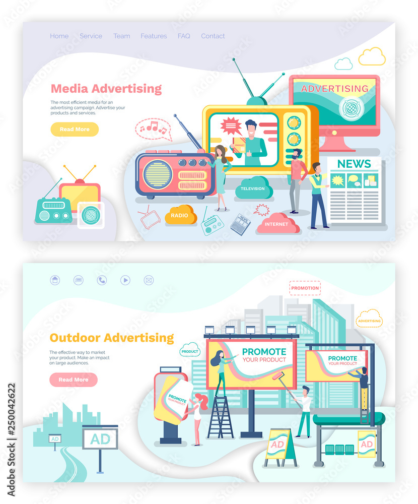 Media services and outdoor advertising web pages vector. Television and Internet, radio and newspaper, roadside and street banners landing page flat style