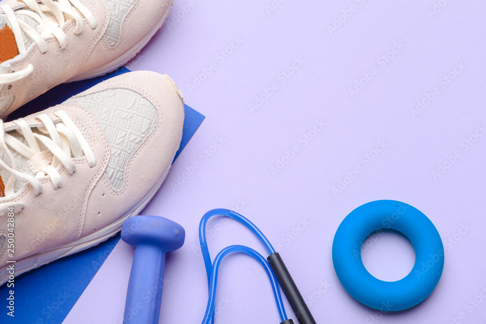 Fitness Gym equipment on color background Fitness Gym equipment on color background