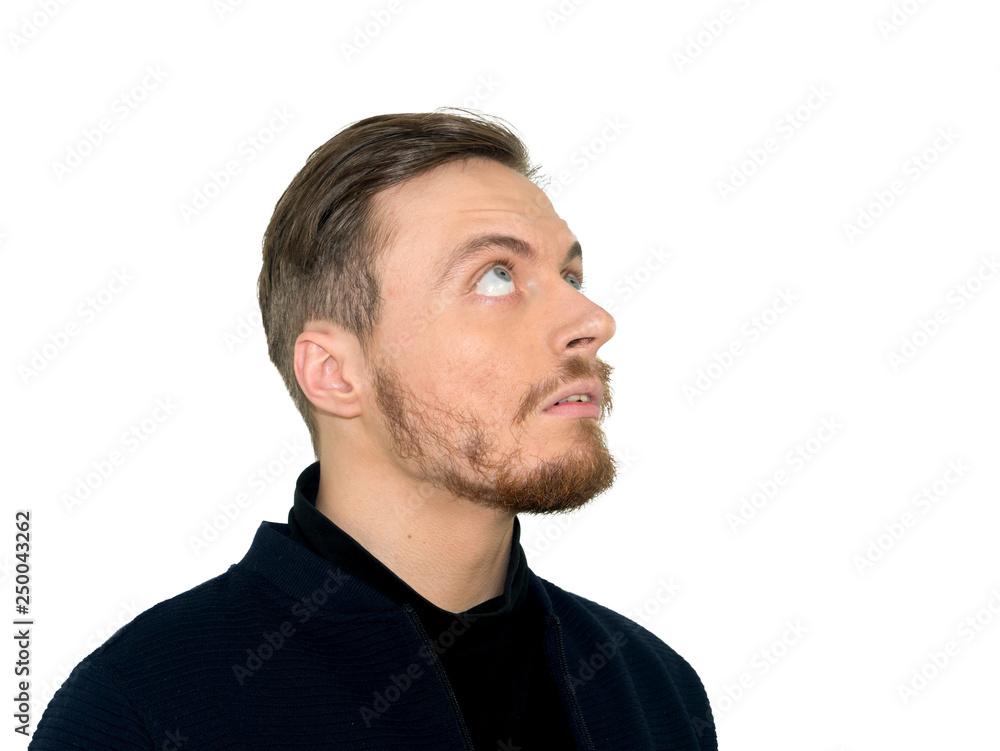 Portrait of man , expressing confusion, frowning, being displeased . Isolated on white background Portrait of man , expressing confusion, frowning, being displeased . Isolated on white background