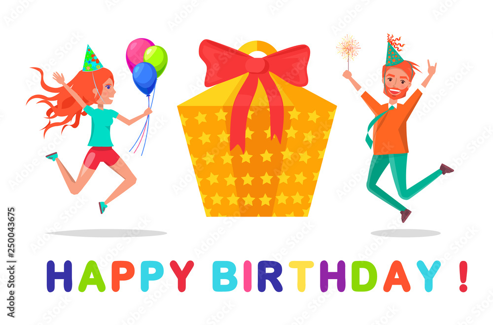 Birthday party celebration vector, people jumping in air with inflatable balloon on lace. Man and woman in good mood, male holding bengal lights in hand