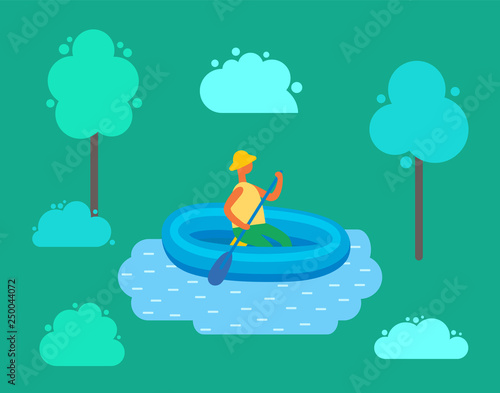Man in hat swimming on inflatable rubber boat in pond at green forest with trees and bushes. Cartoon style person on craft with oar, male on water