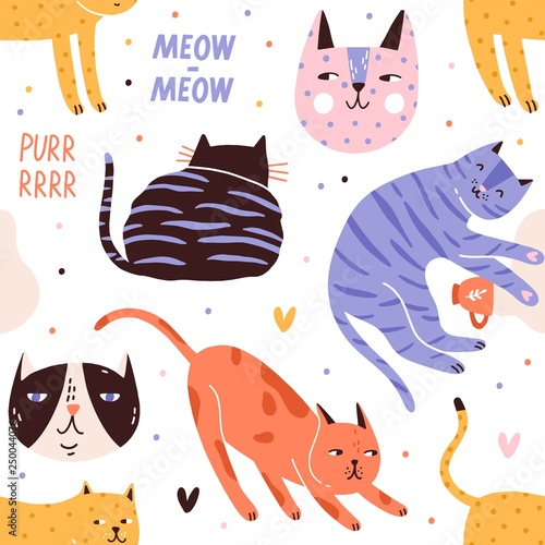 Seamless pattern with sleeping, playing, hunting cats or kittens and their muzzles. Backdrop with adorable pet animals on white background. Flat vector illustration for textile print, wrapping paper.