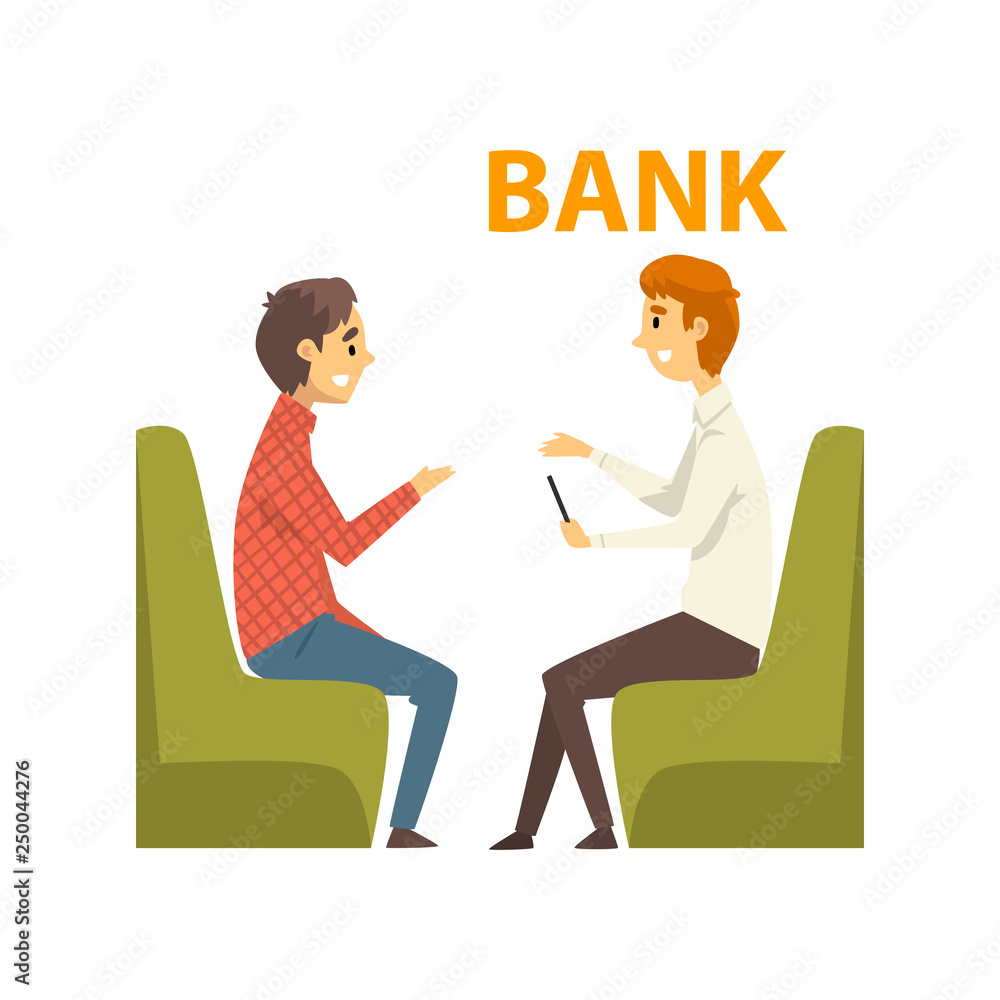 Male Client Consulting at Manager, Meeting at Bank Office, Bank Worker Providing Services to Customer Vector Illustration Male Client Consulting at Manager, Meeting at Bank Office, Bank Worker Providing Services to Customer Vector Illustration