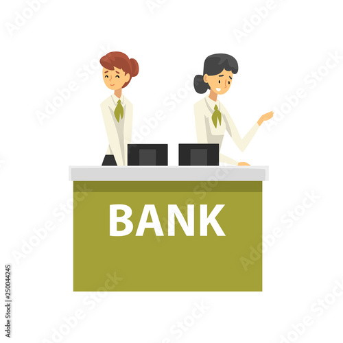 Managers Working at Reception Desk at Bank Office, Female Bank Workers Providing Services to Customers Vector Illustration