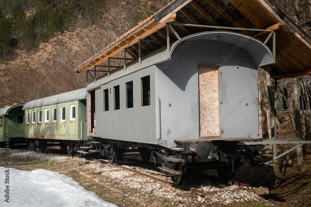 Old freight train containers with narrow gauge railway track Old freight train containers with narrow gauge railway track