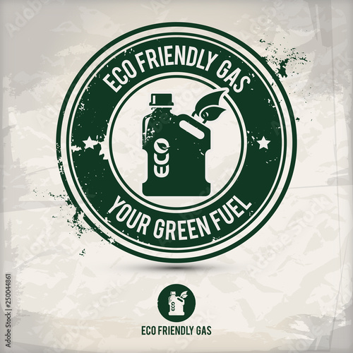 alternative eco friendly gas stamp containing: two environmentally sound eco motifs in circle frames, grunge ink rubber stamp effect, textured paper background, eps10 vector illustration