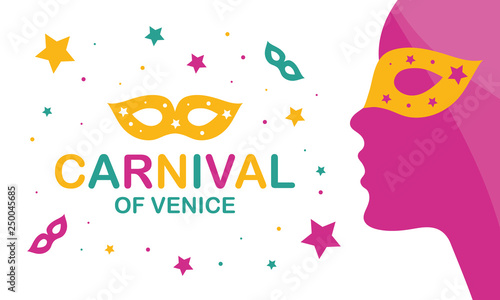 The Carnival of Venice. Annual festival celebrated in Venice, Italy. An important part of the Venetian carnival is the mask and masquerade. Holiday party. Vector poster, card, banner and background