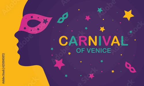 The Carnival of Venice. Annual festival celebrated in Venice, Italy. An important part of the Venetian carnival is the mask and masquerade. Holiday party. Vector poster, card, banner and background