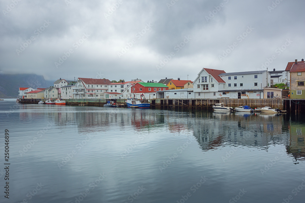 The quiet harbor of Henningsvaer, a traditional fishing village on the Lofoten archipelago