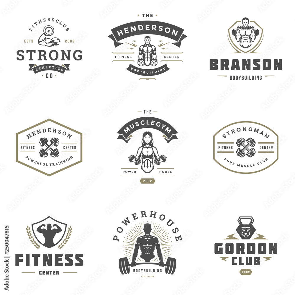 Set fitness center and sport gym logos and badges design
