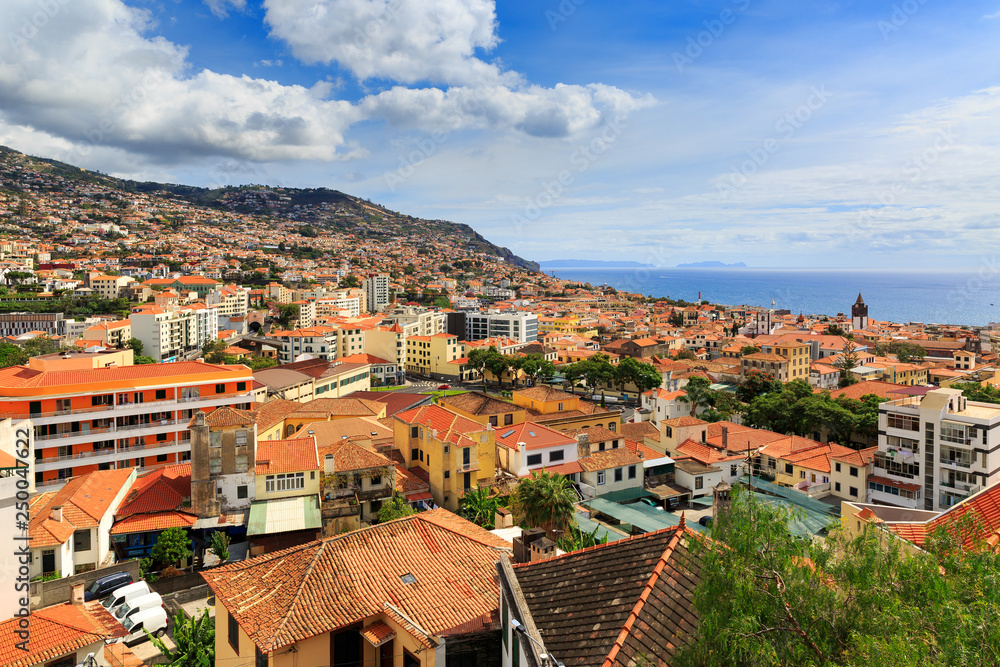Beautiful vibrant cityscape view of the skyline of the city Funchal on the island Madeira in summer