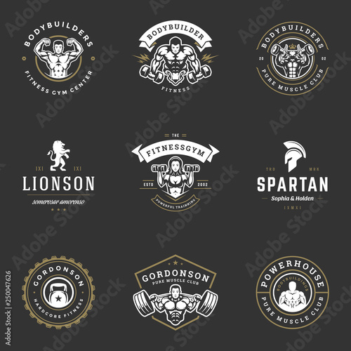 Set fitness center and sport gym logos and badges design