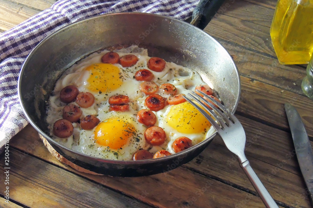 fried eggs with sausages fried eggs with sausages