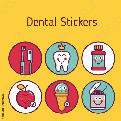 Kids oral care vector set. Dental hygiene for child - stickers: brushes, teeth, lotion, floss, apple, icecream