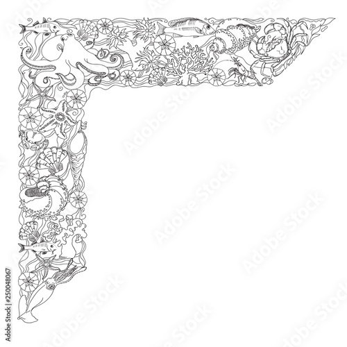 Marine-themed design element. Sea creatures. Vector illustration.