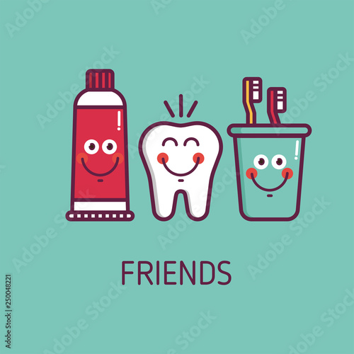 Kids oral care vector set. Dental hygiene for child - icons. Illustration about friendship with funny emoticon, colourful background