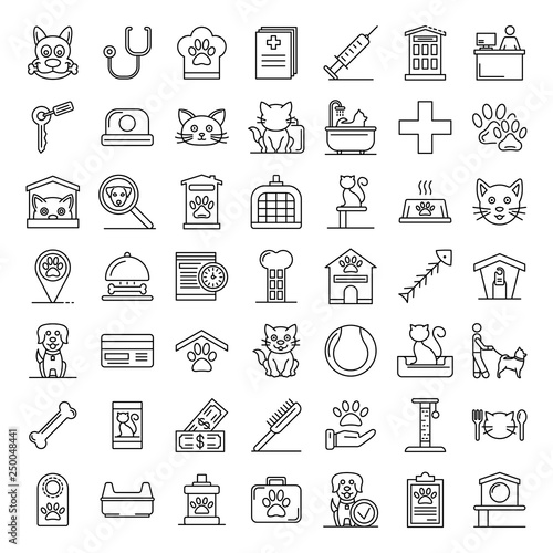 Pets hotel icons set. Outline set of pets hotel vector icons for web design isolated on white background
